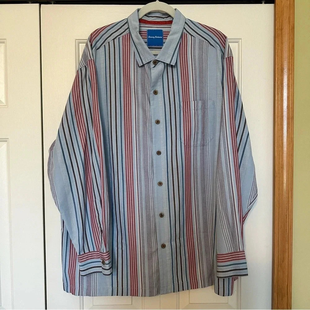 Tommy Bahama Men’s 100% Silk‎ Long Sleeve Shirt Stripe Button Down